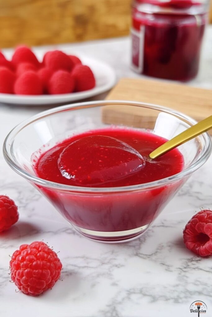 Coulis de frambuesa casero en un tazón con frambuesas frescas alrededor
